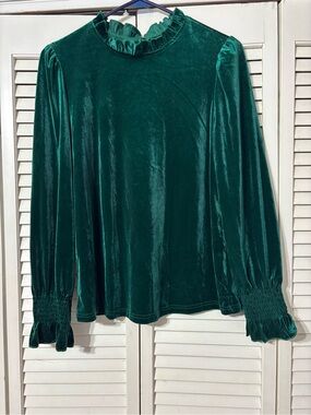 SHEIN Emerald Green Velvet Ruffle-Neck Blouse